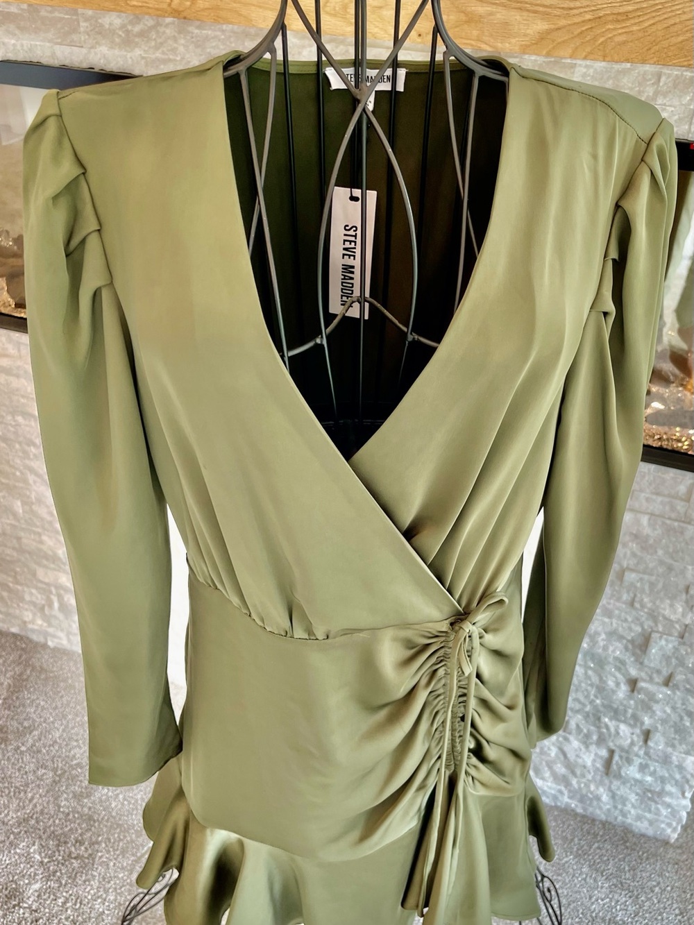 Steve Madden Olive Green Satin Wrap-Style Long Sleeve Dress